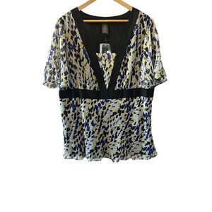 NWT ALFANI 100% Silk Printed Deep Neck Short Flutter Sleeve Dressy Top 18W